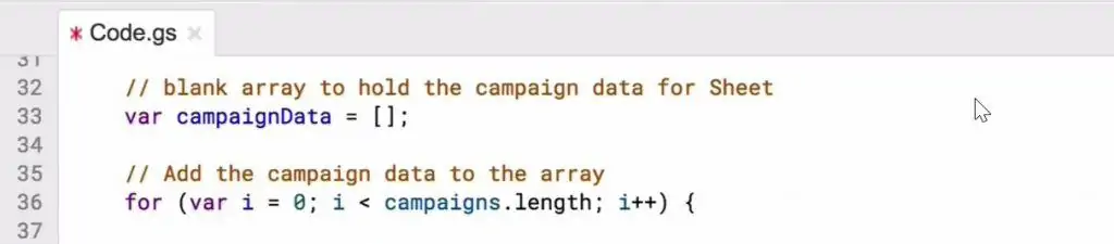 Creating a blank array to hold the campaign data for sheet in the Script editor