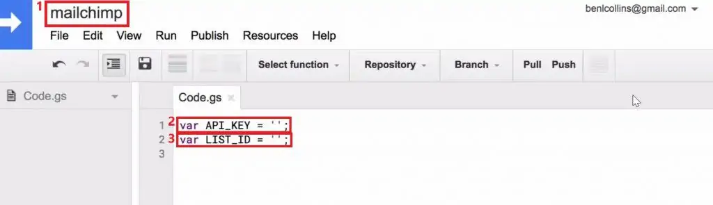 Creating the API Key and List ID in the Script editor