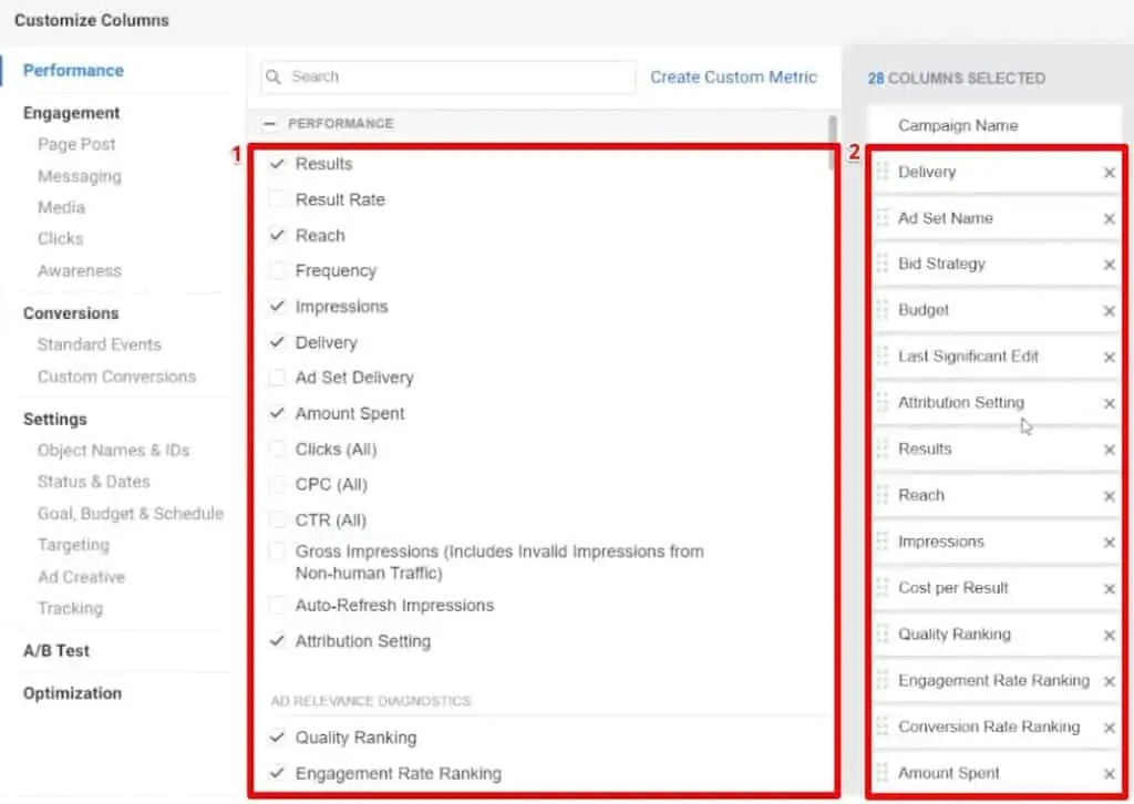 Customizing the custom view of ad results by selecting metrics in Facebook Ad Manager