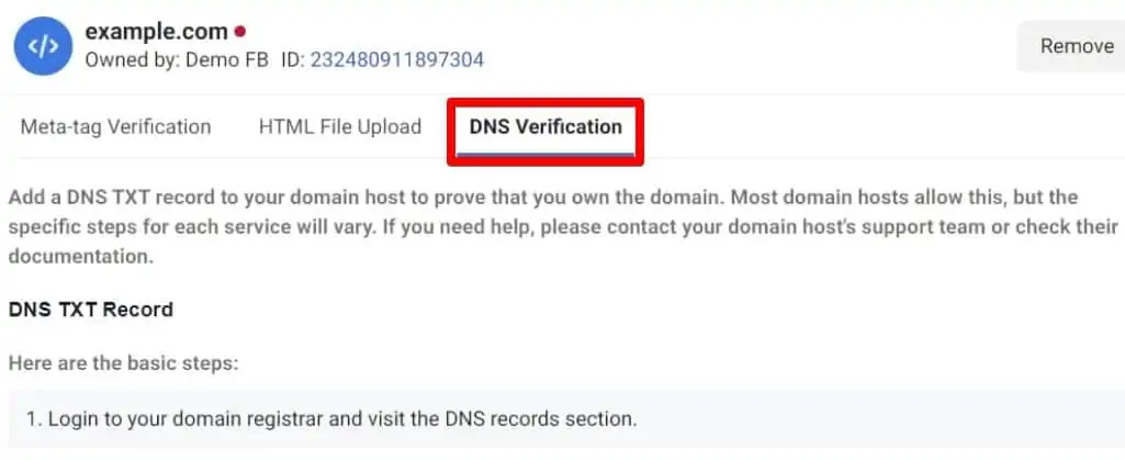 DNS Verification for to verify our Domain in Business Manager
