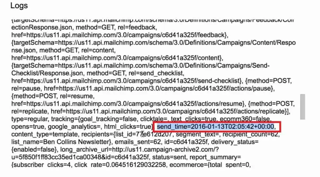 Data returned by MailChimp in the Logs in Script editor