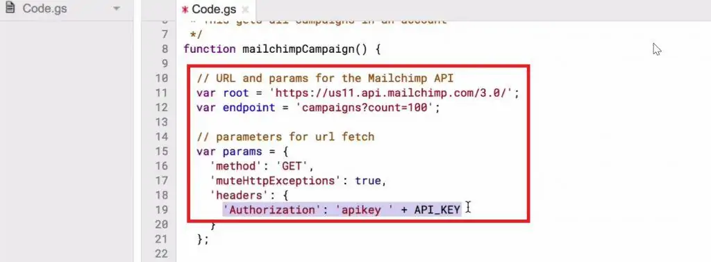 Defining roots and endpoints of the API and passing the API Key in the code in Script editor