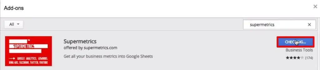 Installing the add-on Supermetrics for from the extension gallery of Google sheets