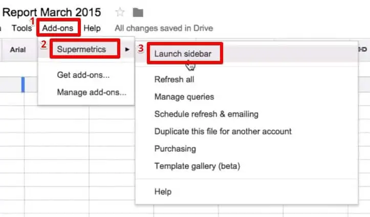 Launching the Supermetrics sidebar from Google sheets’ Add-ons