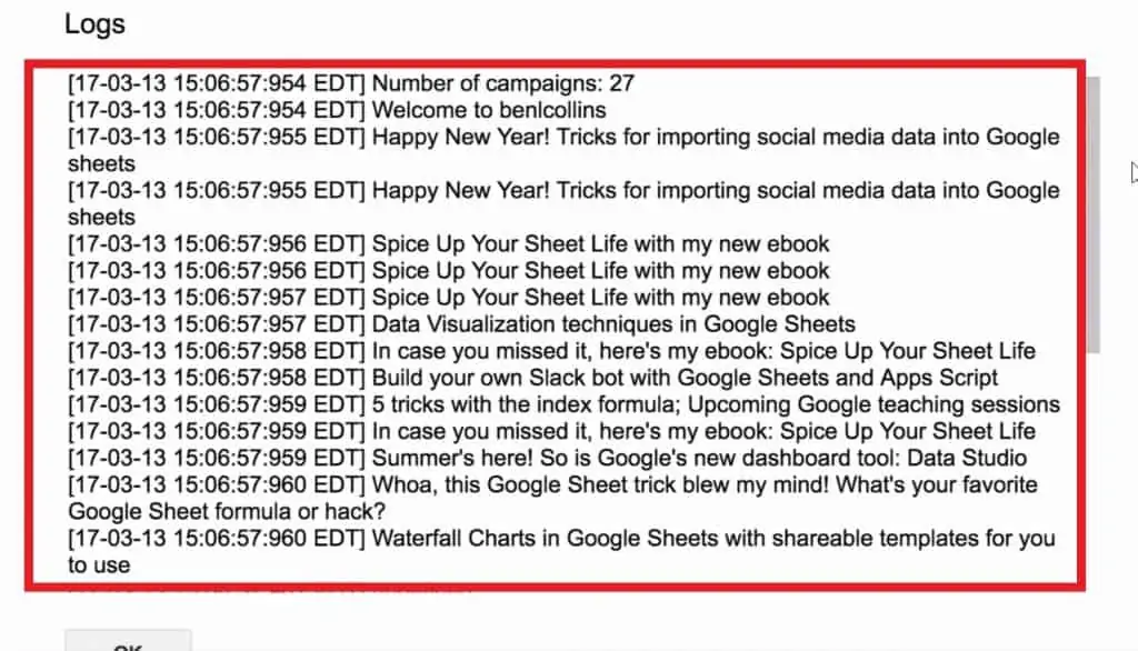 Number of campaigns and subject lines returned from the MailChimp account