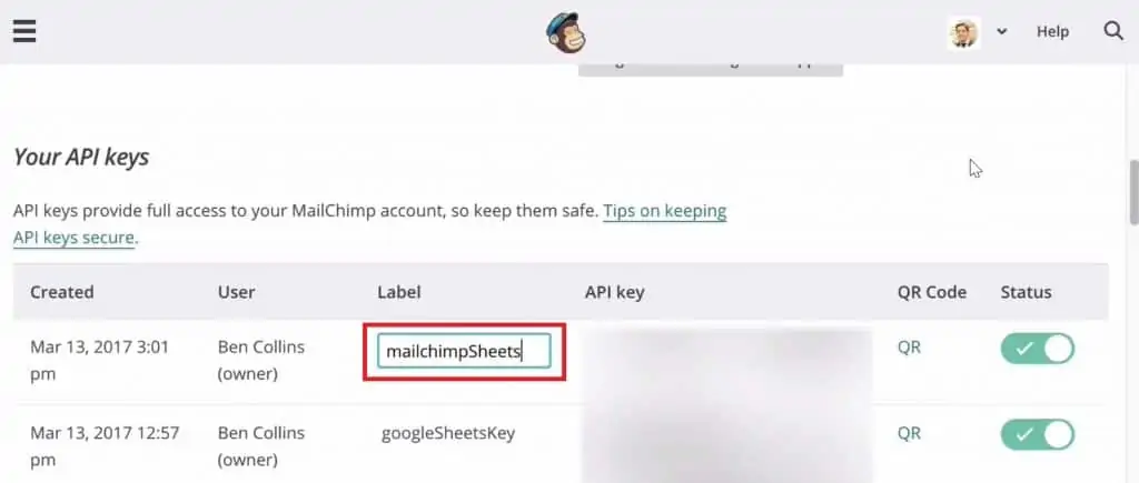 Renaming the API Key Label in the MailChimp account