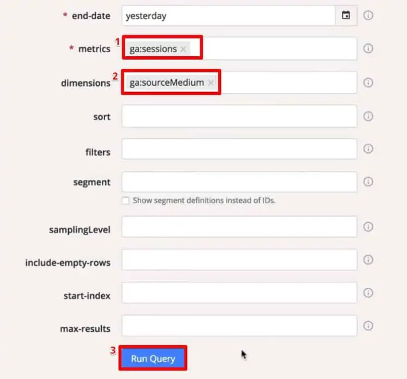 Selecting metrics and dimensions in Query Explorer and running the query