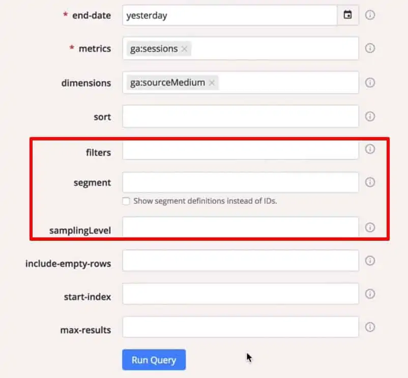 Selecting parameters like segment, filters and samplingLevel in Query Explorer