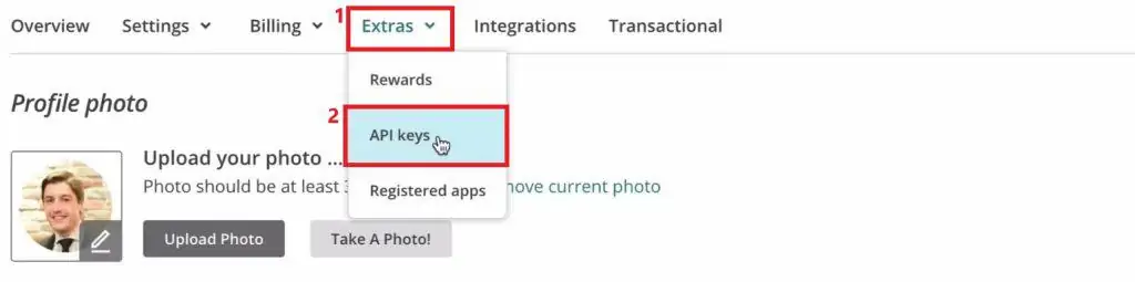Selecting the API Keys under Extras to create a new key in Mailchimp