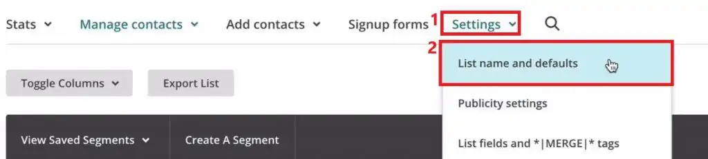 Selecting the List name and defaults under Settings of the List in MailChimp