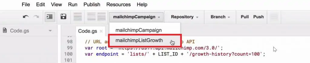 Selecting the mailchimpListGrowth in the Script editor