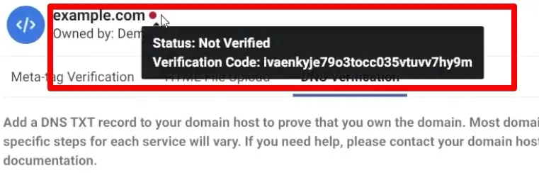 Showing Red dot next to domain name indicates that status is Not Verified, but will turn green when Verified