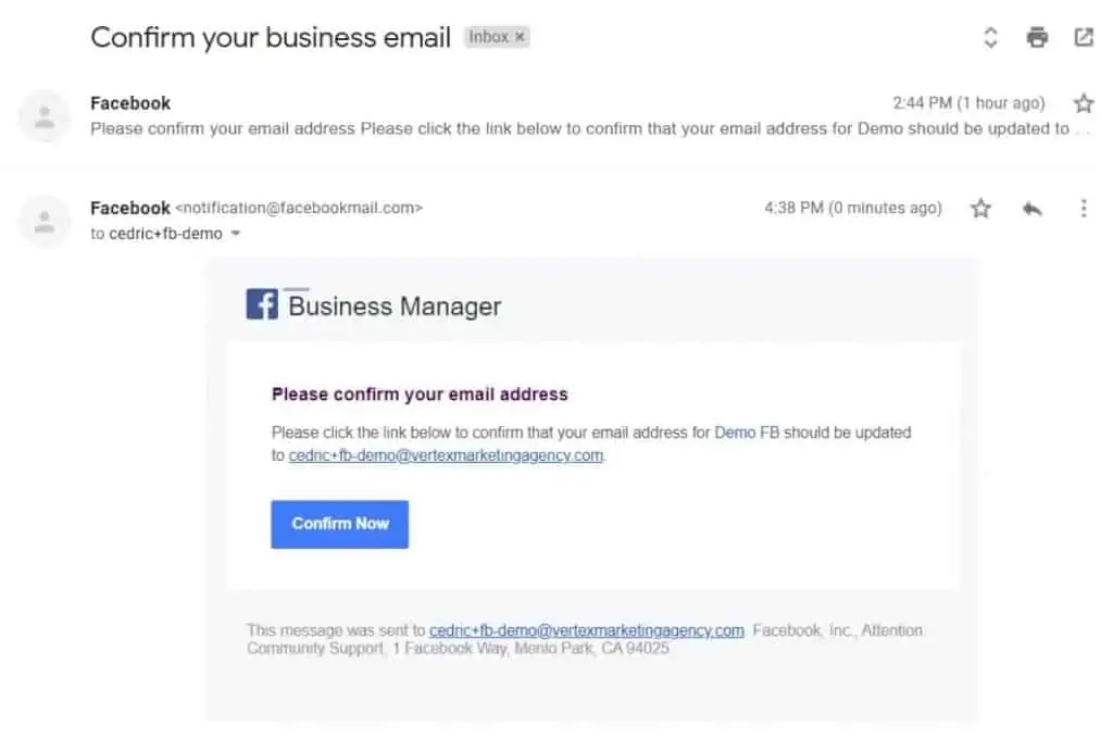 Verification email sent to confirm your email address to a for your Meta Business Manager Account