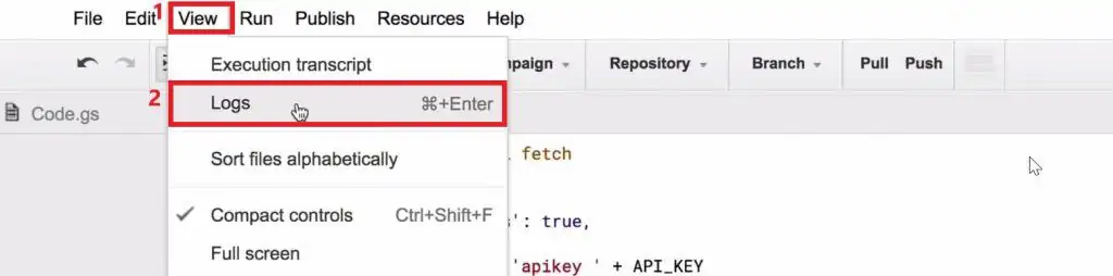 Viewing Logs from the Google Sheets script editor