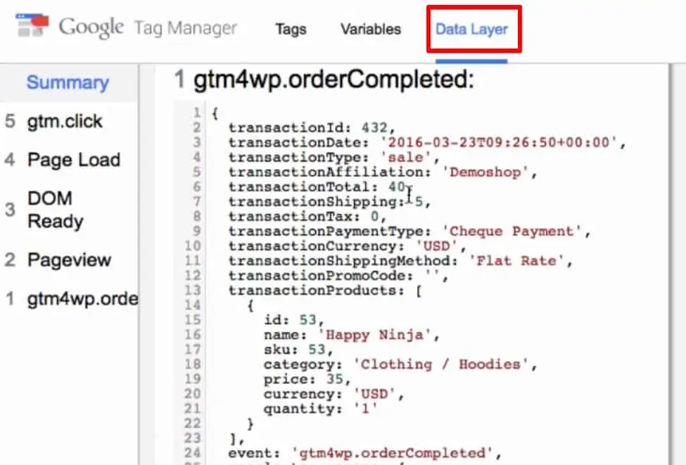 Accessing the transaction details from the data layer of the Google Tag Manager