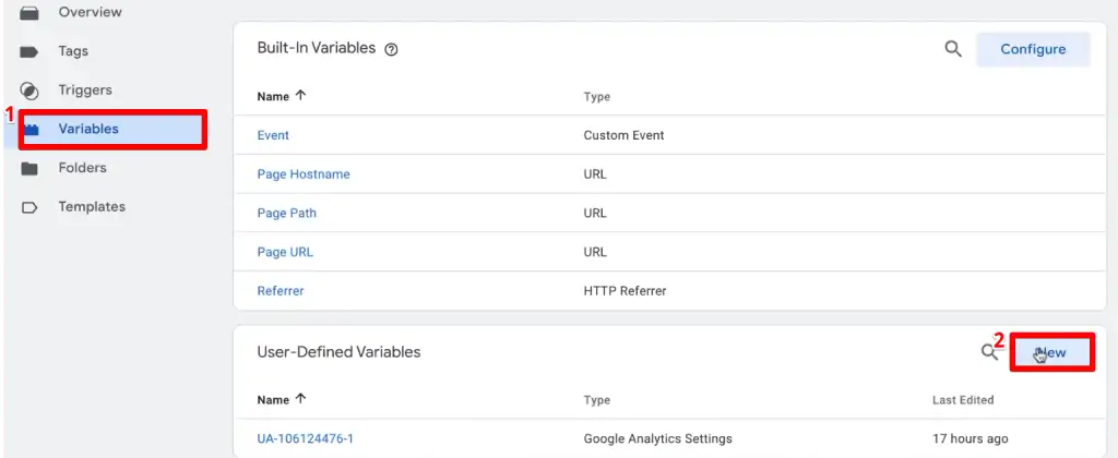 Accessing the variables section from the Google Tag Manager to create a new variable