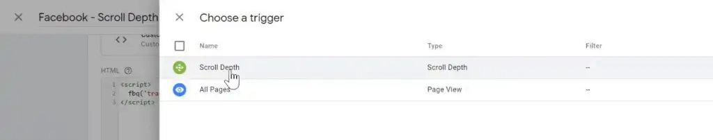 Attaching the Scroll Depth trigger to custom event Tag