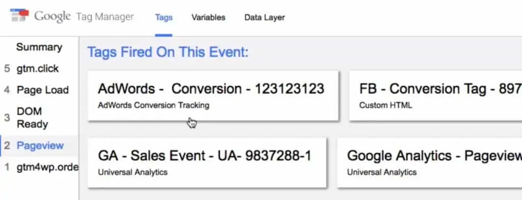 Checking the fired Tags on the Google Tag Manager preview mode after a purchase on the website