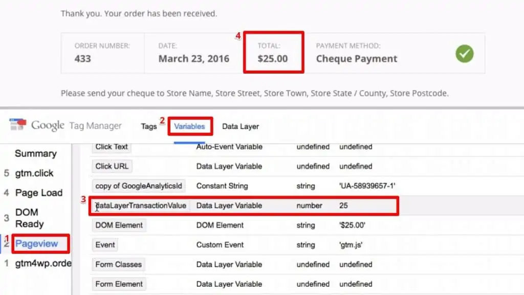Checking the transaction value of the order from the variables section of the pageview event in Google Tag Manager