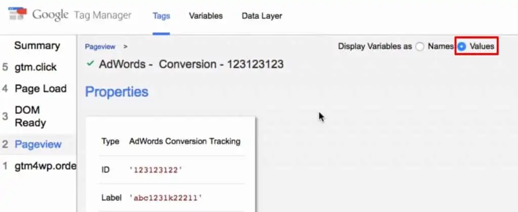 Choosing the display variable as values to identify the conversion value of the transaction page