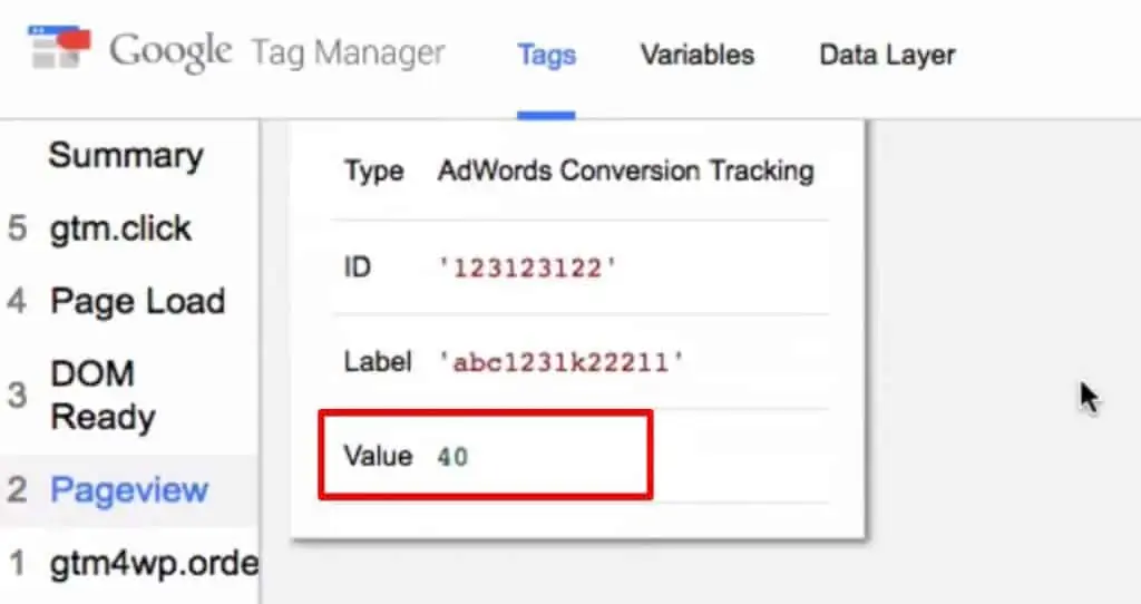 Conversion value in the Tags fired on the Google Tag Manager