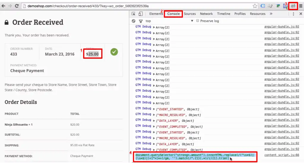 Copying the JavaScript code for the chosen conversion value element from the eCommerce transaction webpage