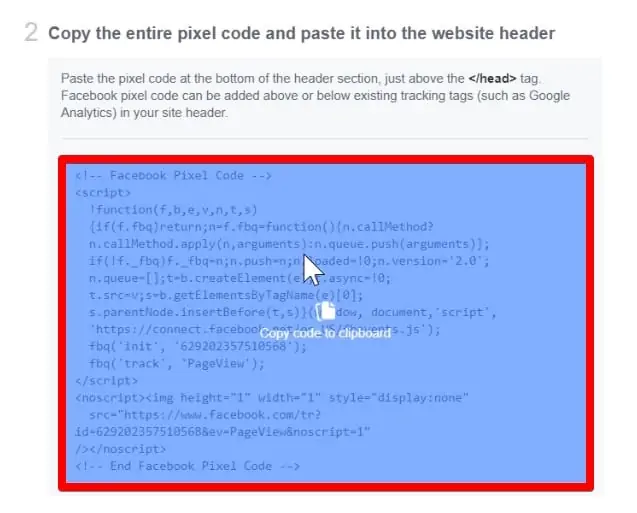 Copying the Pixel code from Facebook Ads Manager