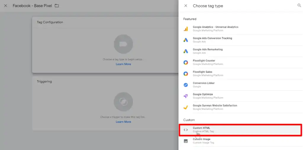 Creating a new Custom HTML Tag in Google Tag Manager