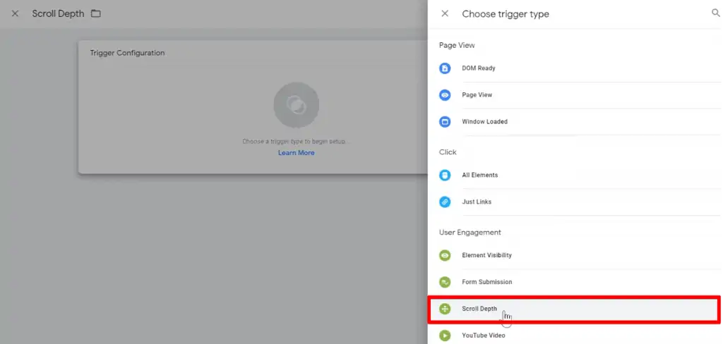 Creating a new Scroll Depth trigger in Google Tag Manager