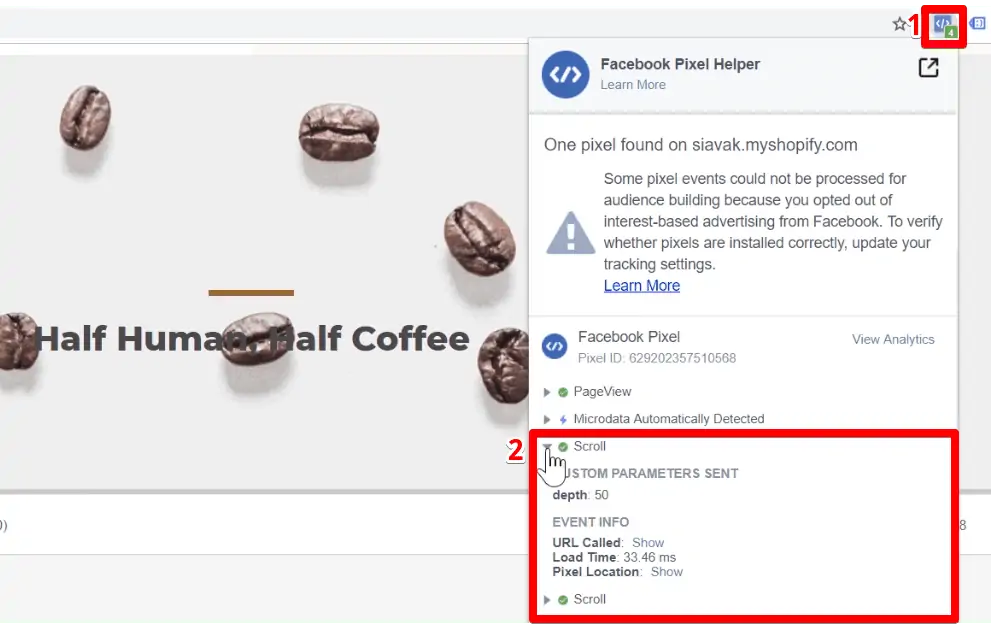 Meta Pixel Helper shows the Page View and Scroll events fired