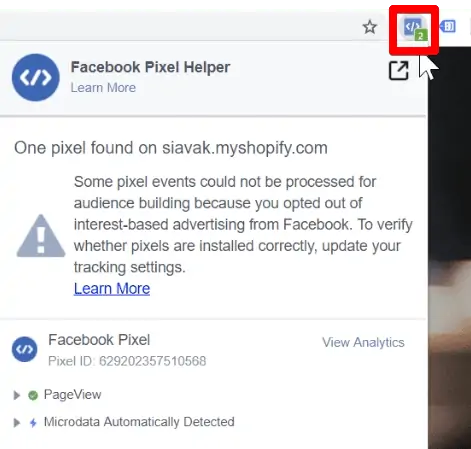 Meta Pixel Helper shows the fired base Tag