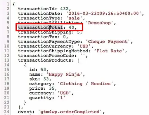 Identifying the key-value pairs from the transaction details in the data layer of the Google Tag Manager