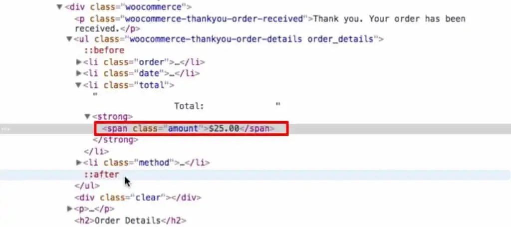 Identifying the value of the transaction total from the DOM tree