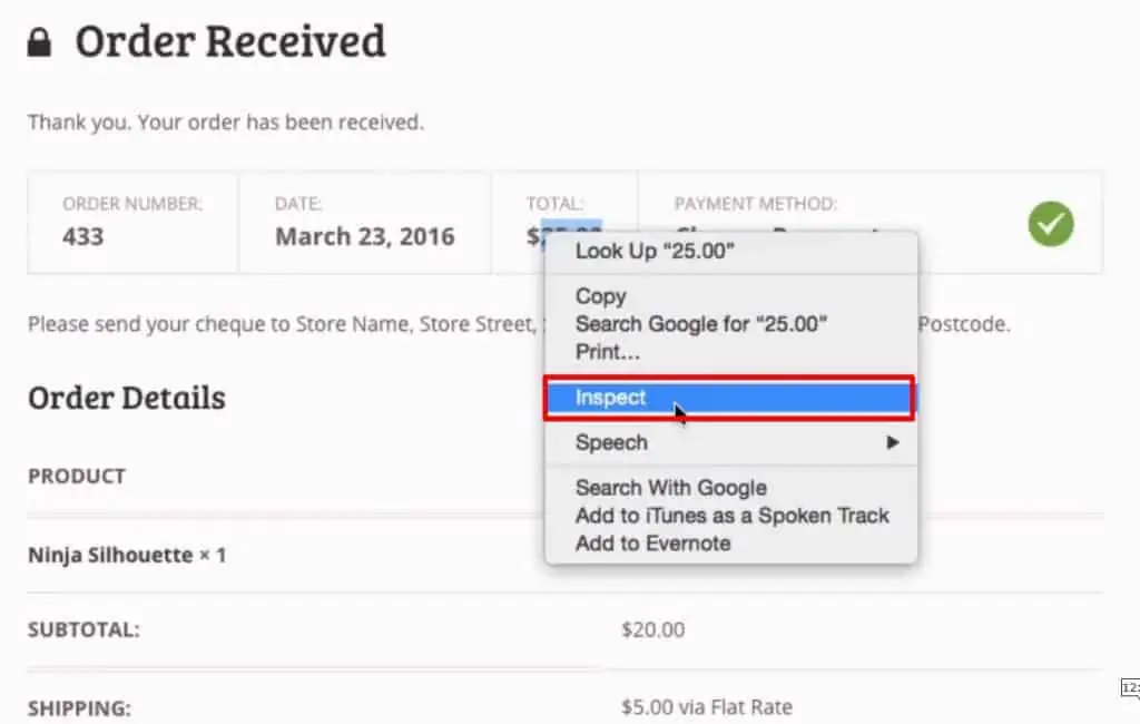 Inspecting the conversion value element from the transaction page on the eCommerce website