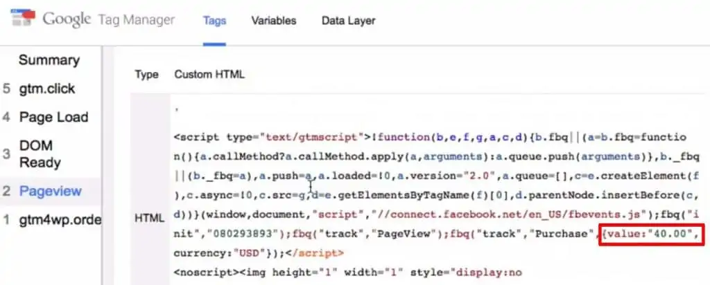 Locating the transaction value from the fired Facebook Tag on the Google Tag Manager