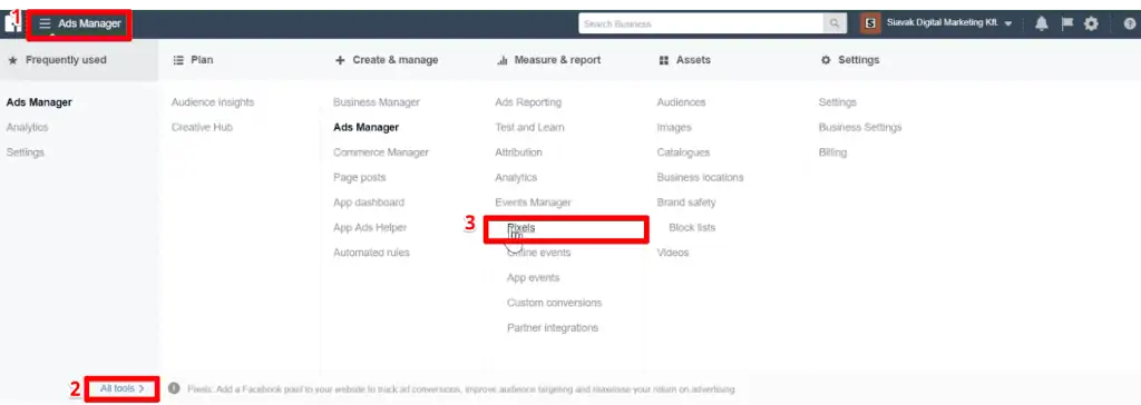 Opening the Pixel from Facebook Ads Manager