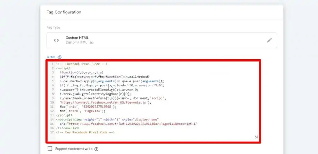 Pasting the Pixel code in Custom HTML Tag in Google Tag Manager