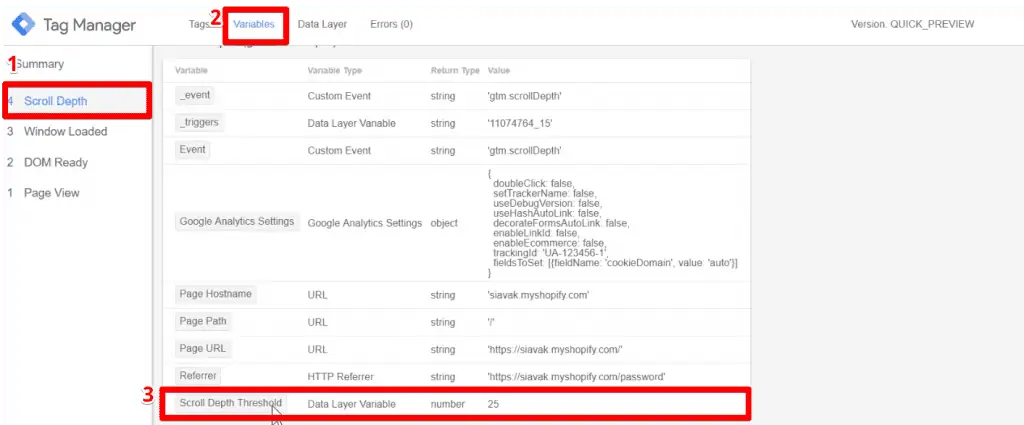 Scroll Depth Threshold variable under the Variables tab of Preview mode in Google Tag Manager