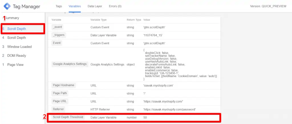 Scroll Depth trigger fires in the Preview mode of Google Tag Manager and the Scroll Depth Threshold variable is 50