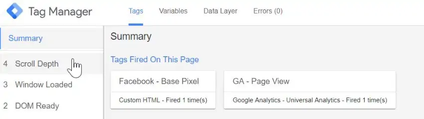 Scroll Depth trigger fires in the Preview mode of Google Tag Manager when we scroll past the 25% mark