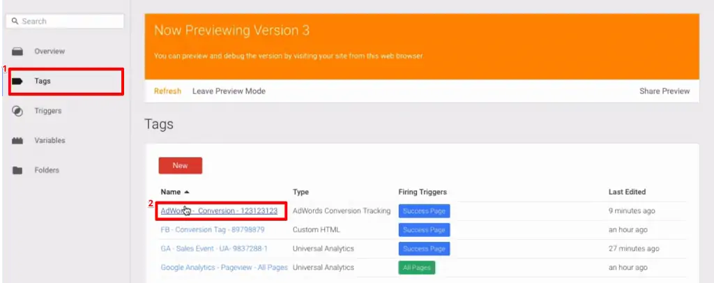 Selecting a Tag from the Google Tag Manager