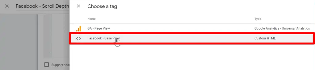 Selecting the Meta base Pixel Tag to fire before the Facebook Scroll Depth Tag using Tag Sequencing in Google Tag Manager