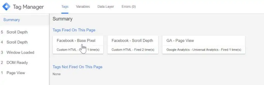 Summary of all the Tags fired in the Preview mode of Google Tag Manager