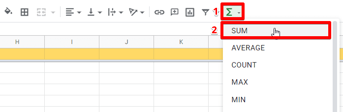 Locating the SUM function in Google Sheets