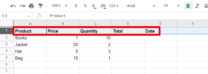Bold the values in row 1