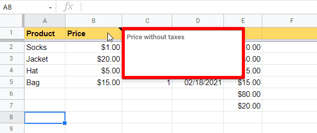 Hover over a cell to see the attached note