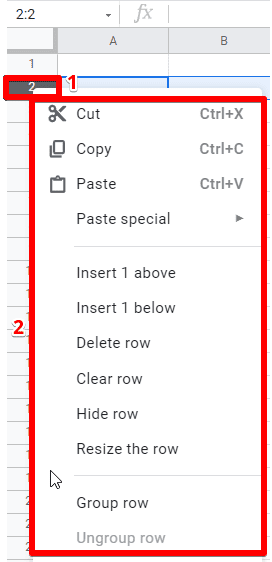 Right-click a row or column to open their options