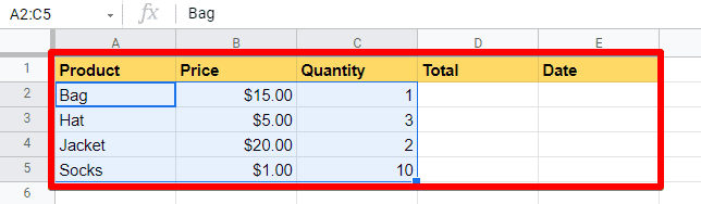 Sorting the selected range alphabetically using the Sort range by column A, A → Z option