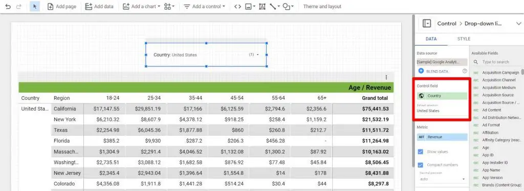 Adding control field for the country to data studio dashboard