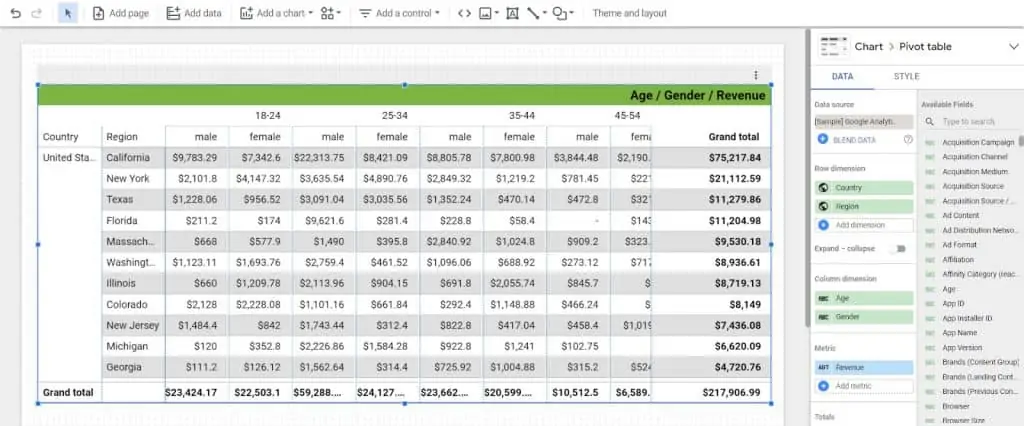 Using Country and Region as Row Dimensions and Age and Gender as Column Dimensions in Looker Studio